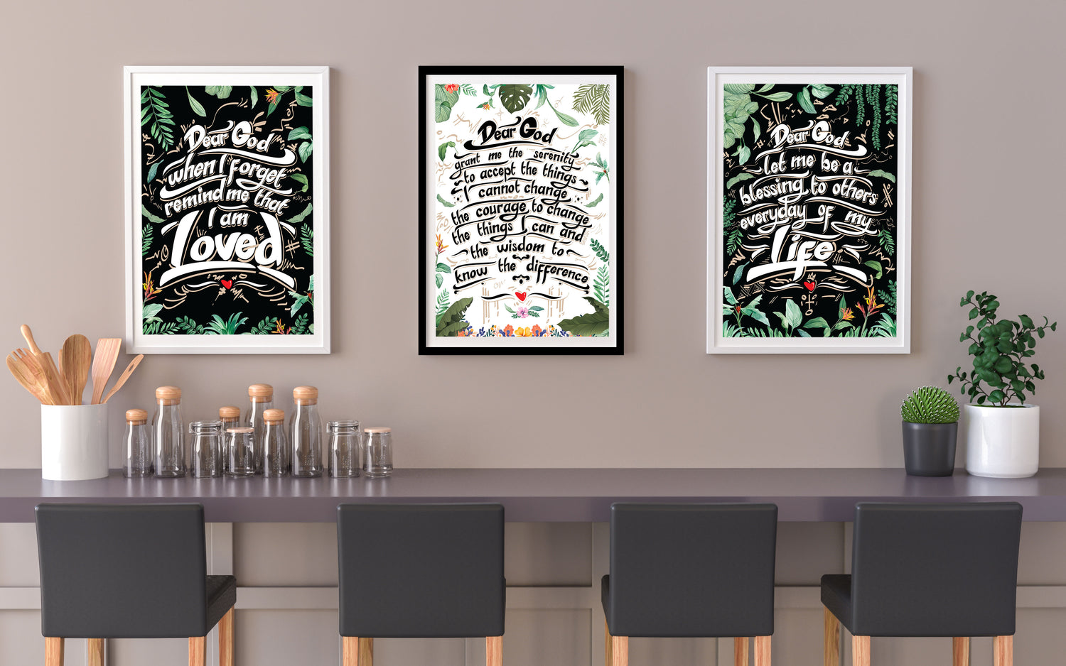 Three framed artworks. Art prints of Raknida's Dear God Collection. Loved, Serenity and Grace. Black and White options available. Black, white and gold frames or frameless. Great for wall and interior decor.