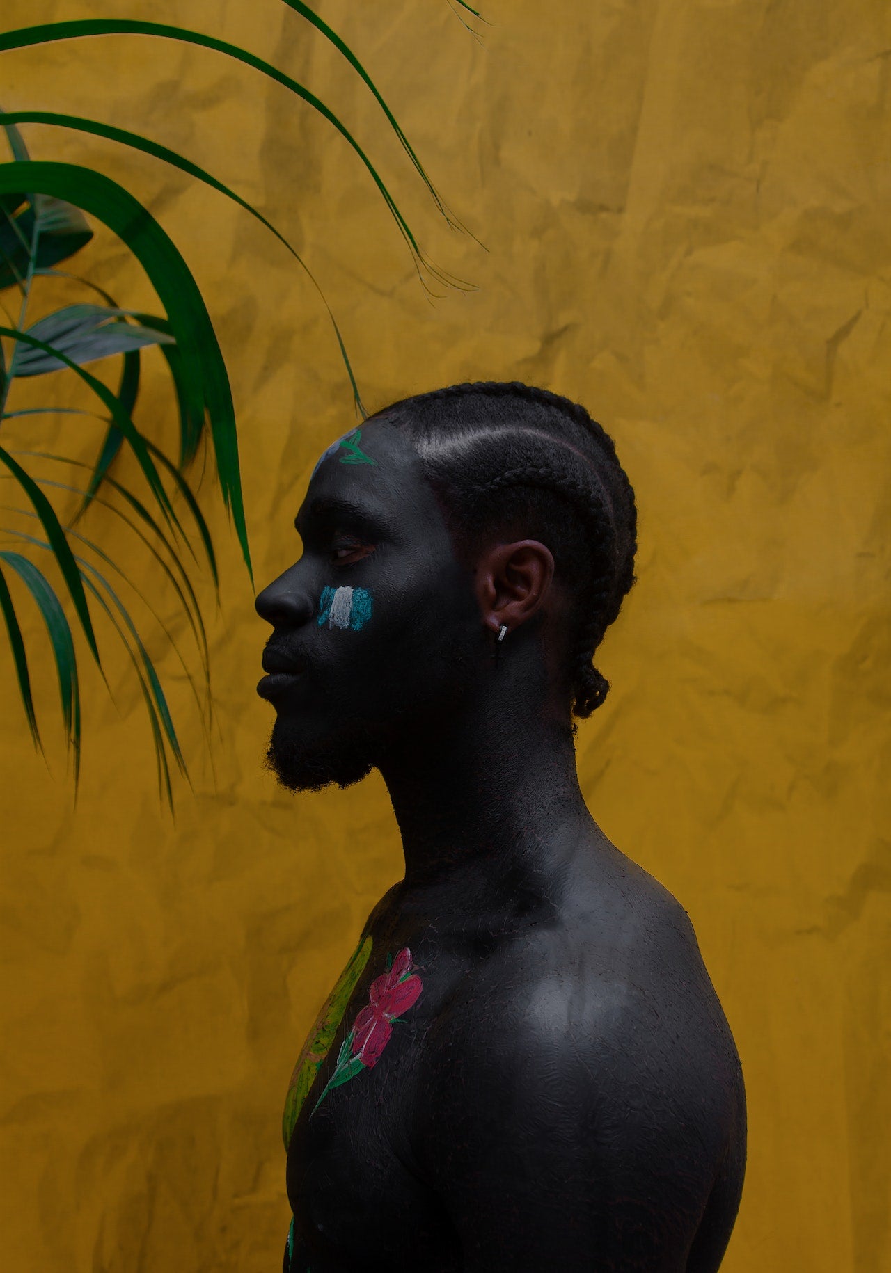 Photo by Ante : https://www.pexels.com/photo/black-guy-with-painted-face-and-body-on-yellow-surface-6429315/
