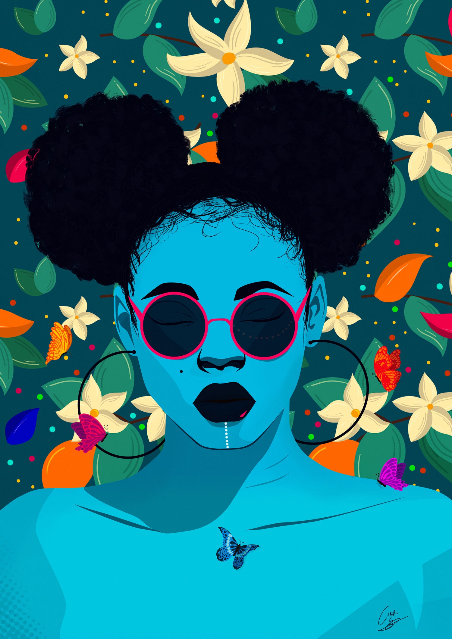 Beautiful African girl in round, dark sunshades with hair packed in two afro puffs and large loop earrings. Skin blue, background of flowers